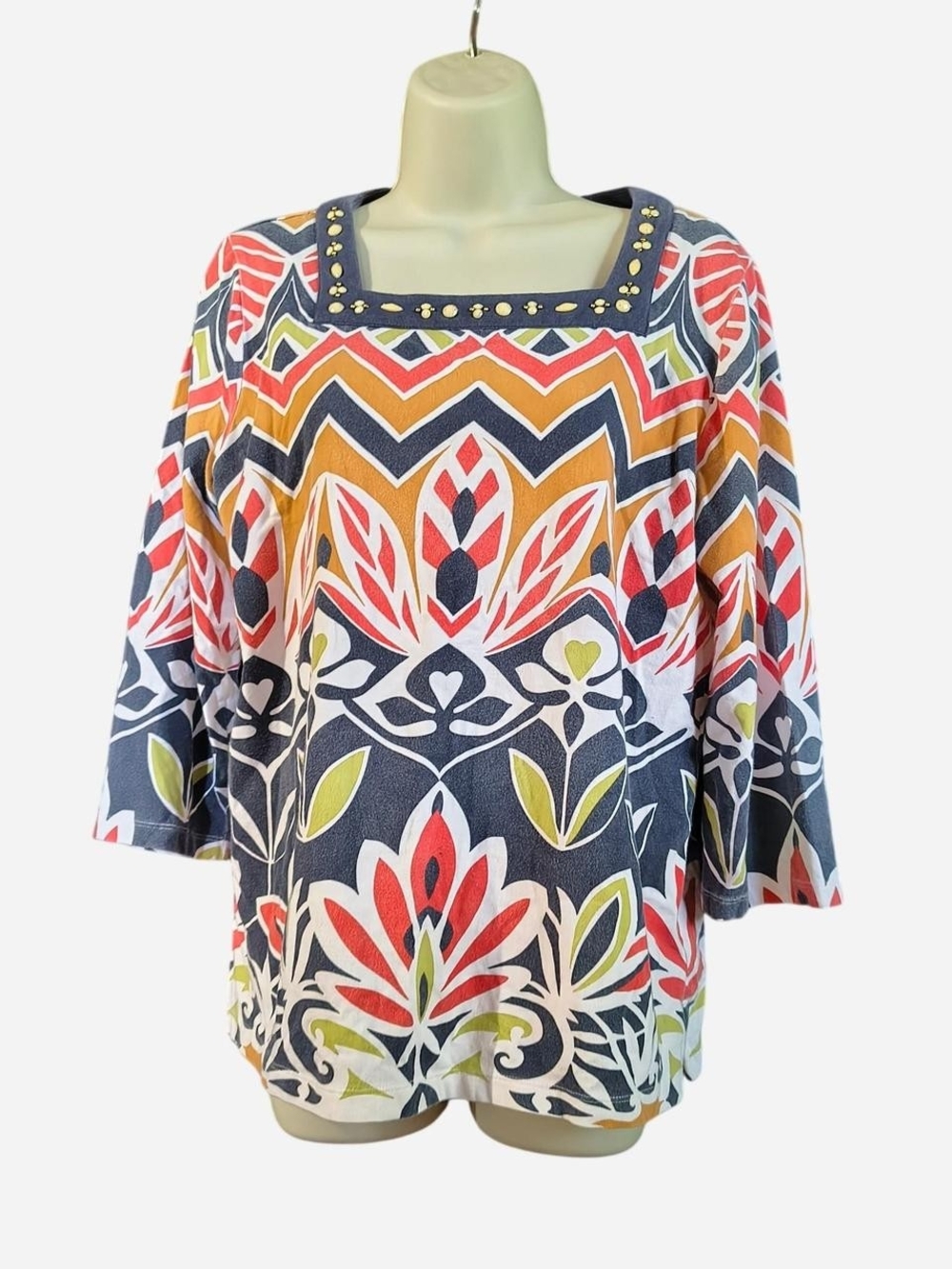 Alfred Dunner Multicolor Floral Chevron Tunic with Studded Square Neck